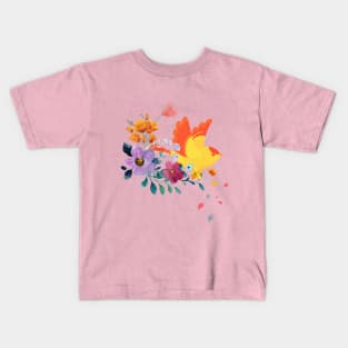 blooming flowers and orange color bird colorful art Kids T-Shirt
